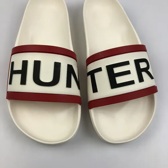 Hunter Slip on White &amp; Red Logo Sandals Size 10