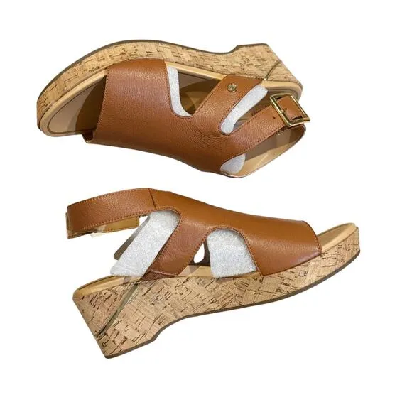 Hush Puppies Leather Wedge Sandals Maya Ankle Strap In Mid Brown Size 9M NWB