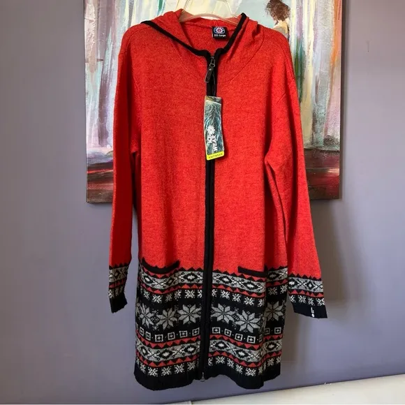 Icewear XXL Wool Angora Cardigan Sweater Orange Black Zipper Hood Iceland NWT💖
