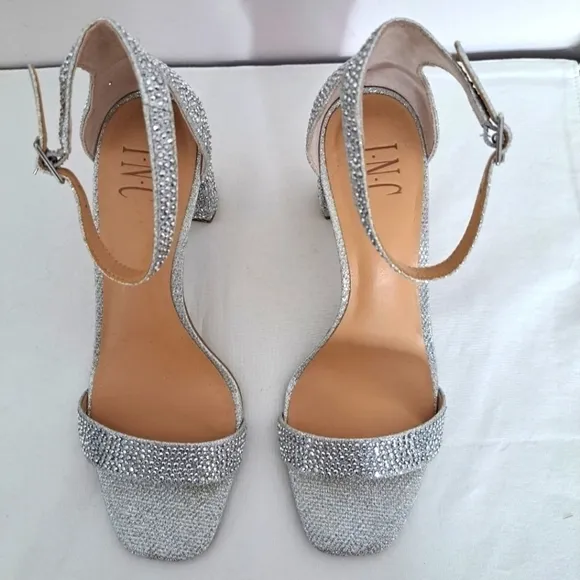 INC International Concepts Lexini block heel rhinestone sandal silver 8 NWT