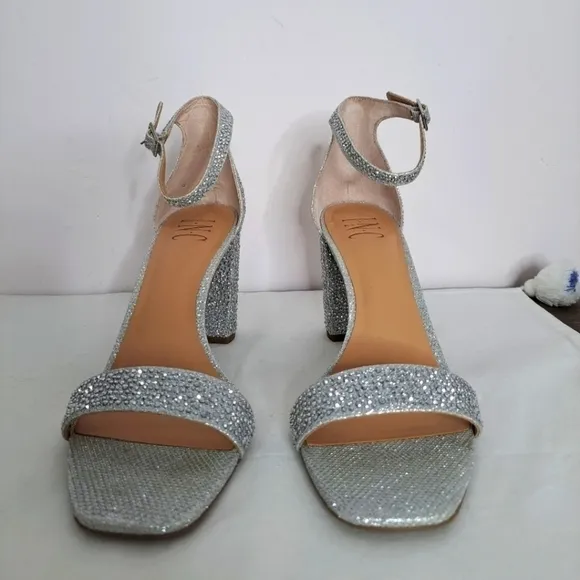 INC International Concepts Lexini block heel rhinestone sandal silver 8 NWT