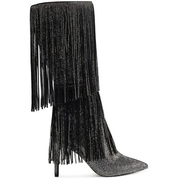 INC Womens Black Slip Resitant Fringed Ishani Pointed Toe Block Heel Boots 6 M