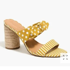 J. Crew Factory Raffia Round Block-Heel sandals 8 yellow stripe polka dot bow