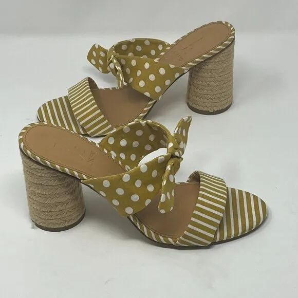 J. Crew Factory Raffia Round Block-Heel sandals 8 yellow stripe polka dot bow