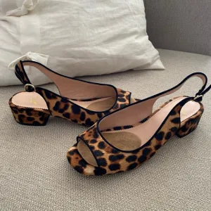 J. Crew Open Toe Kitten Sling Back Block Heel Leopard Print Mules Sandals