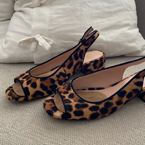 J. Crew Open Toe Kitten Sling Back Block Heel Leopard Print Mules Sandals