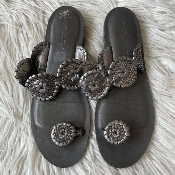 Jack Rogers Metallic Silver Gunmetal Santa Fe Toe Ring Loop Sandals Size 8 EUC