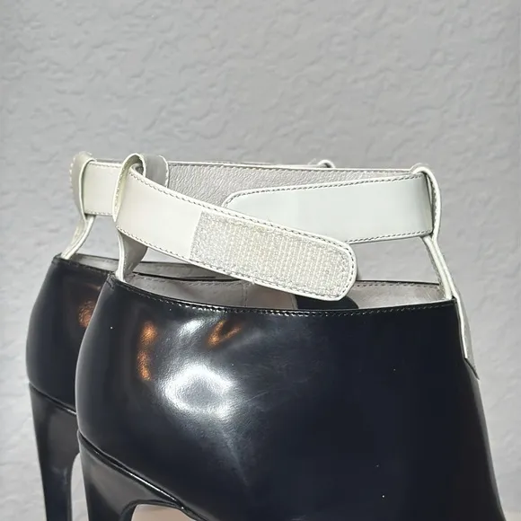 JEFFREY CAMPBELL BLACK AND WHITE PATENT LEATHER THE DEKA PUMP ANKLE BOOTS