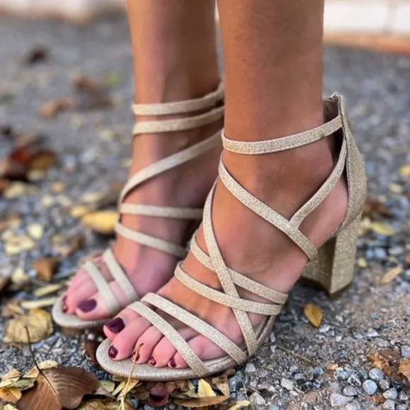 JESSICA SIMPSON Gold Glitter Block Heel Dress Sandals