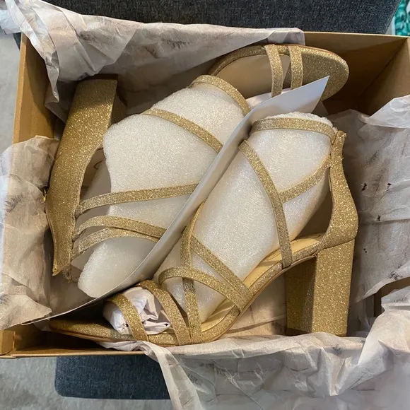 JESSICA SIMPSON Gold Glitter Block Heel Dress Sandals