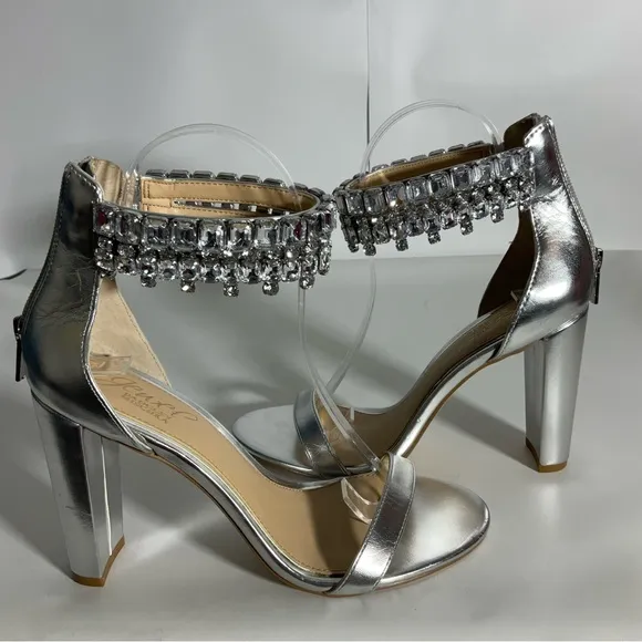 Jewel Badgley Mischa Sexy Silver Metallic Open Toe Double Row Jeweled Sandal Sz7
