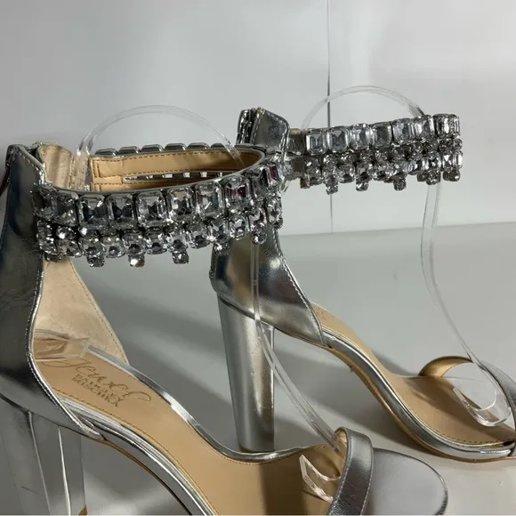 Jewel Badgley Mischa Sexy Silver Metallic Open Toe Double Row Jeweled Sandal Sz7