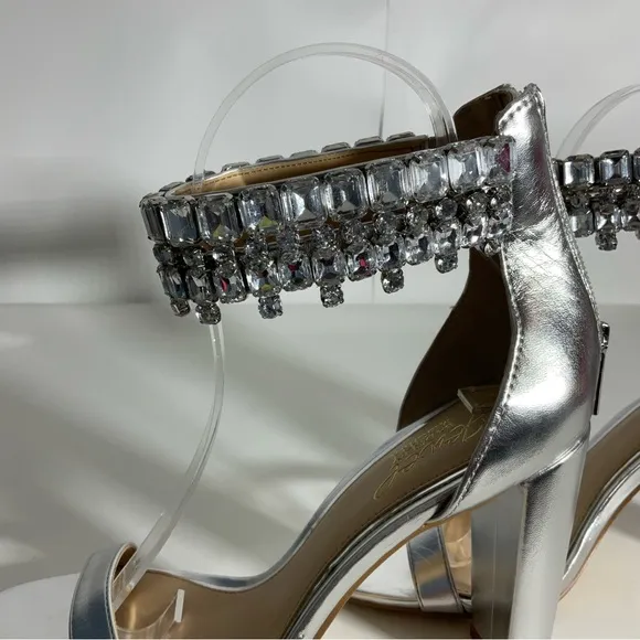 Jewel Badgley Mischa Sexy Silver Metallic Open Toe Double Row Jeweled Sandal Sz7