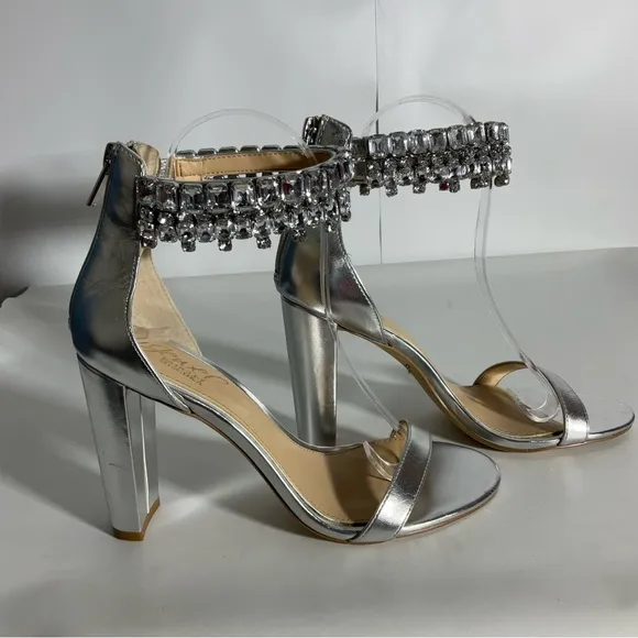 Jewel Badgley Mischa Sexy Silver Metallic Open Toe Double Row Jeweled Sandal Sz7