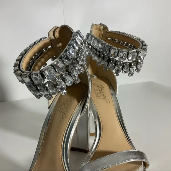 Jewel Badgley Mischa Sexy Silver Metallic Open Toe Double Row Jeweled Sandal Sz7