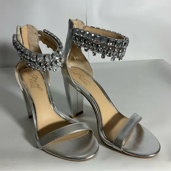 Jewel Badgley Mischa Sexy Silver Metallic Open Toe Double Row Jeweled Sandal Sz7