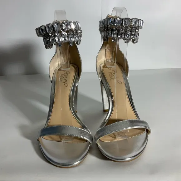 Jewel Badgley Mischa Sexy Silver Metallic Open Toe Double Row Jeweled Sandal Sz7
