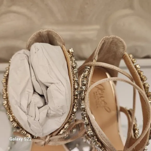 Jewel Badgley Mischka Satin Embellished Half block, Sandals. NIB. Size 6.5