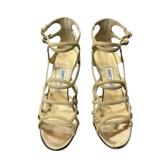 Jimmy Choo Gold Strappy Cage Heel Sandals Size 38 Stilettos