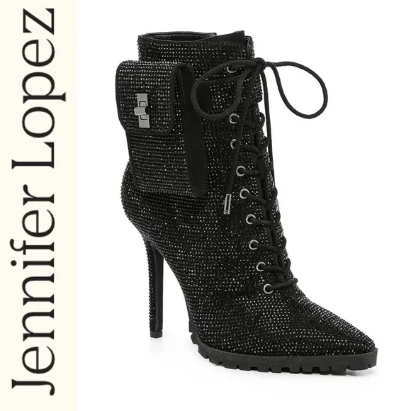 JLO JENNIFER LOPEZ JAYLAH2 BLACK RHINESTONE STILETTO ANKLE BOOTIE