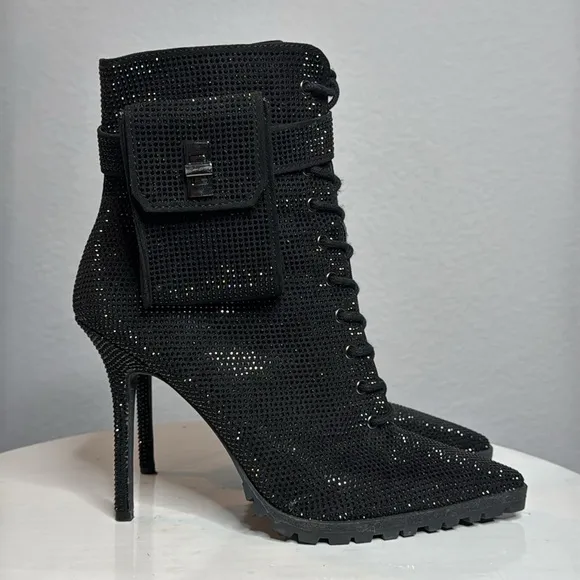 JLO JENNIFER LOPEZ JAYLAH2 BLACK RHINESTONE STILETTO ANKLE BOOTIE