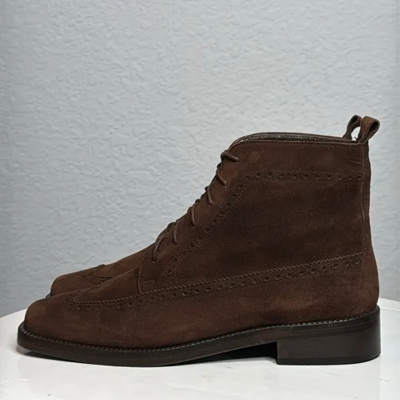 JOAN &amp; DAVID CHOCOLATE BROWN SUEDE BROGUE SQUARE TOE UNISEX ANKLE BOOTIES