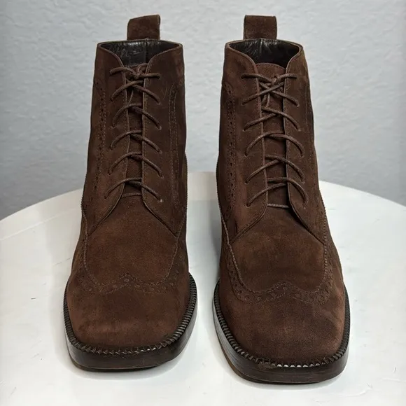 JOAN &amp; DAVID CHOCOLATE BROWN SUEDE BROGUE SQUARE TOE UNISEX ANKLE BOOTIES