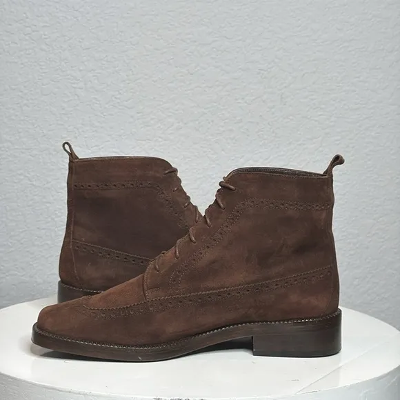 JOAN &amp; DAVID CHOCOLATE BROWN SUEDE BROGUE SQUARE TOE UNISEX ANKLE BOOTIES