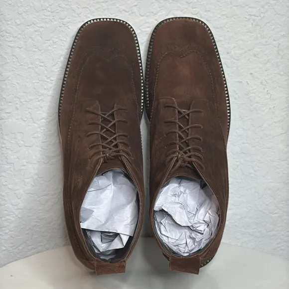 JOAN &amp; DAVID CHOCOLATE BROWN SUEDE BROGUE SQUARE TOE UNISEX ANKLE BOOTIES