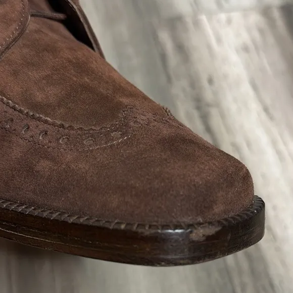 JOAN &amp; DAVID CHOCOLATE BROWN SUEDE BROGUE SQUARE TOE UNISEX ANKLE BOOTIES