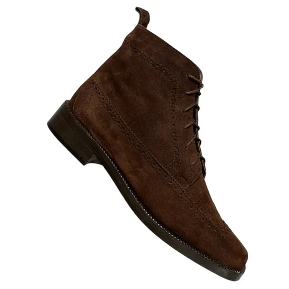 JOAN &amp; DAVID CHOCOLATE BROWN SUEDE BROGUE SQUARE TOE UNISEX ANKLE BOOTIES