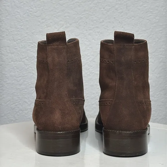 JOAN &amp; DAVID CHOCOLATE BROWN SUEDE BROGUE SQUARE TOE UNISEX ANKLE BOOTIES
