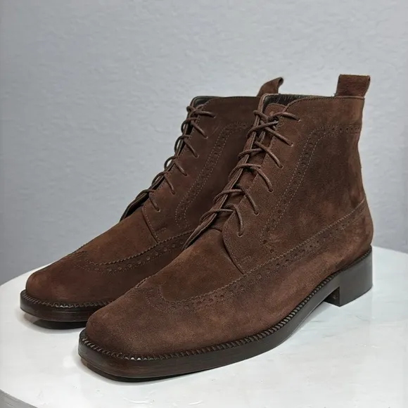 JOAN &amp; DAVID CHOCOLATE BROWN SUEDE BROGUE SQUARE TOE UNISEX ANKLE BOOTIES