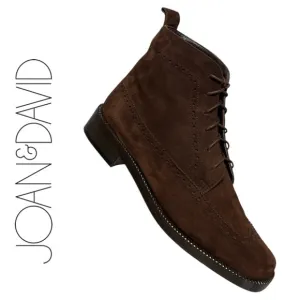 JOAN &amp; DAVID CHOCOLATE BROWN SUEDE BROGUE SQUARE TOE UNISEX ANKLE BOOTIES