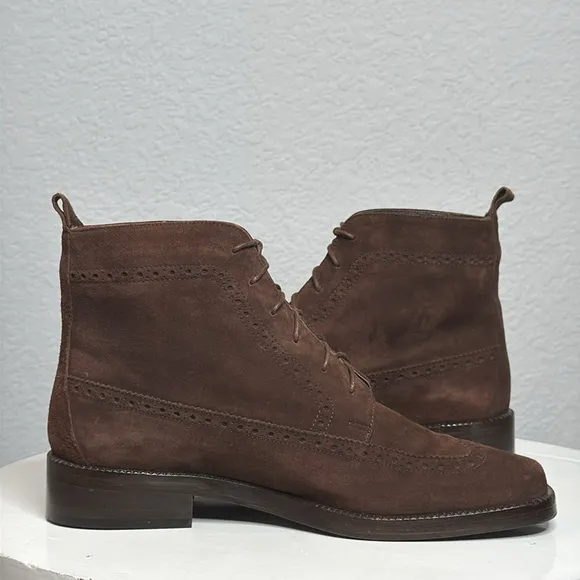 JOAN &amp; DAVID CHOCOLATE BROWN SUEDE BROGUE SQUARE TOE UNISEX ANKLE BOOTIES