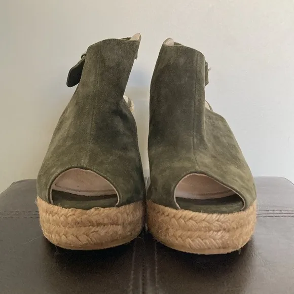 Karen Millen Green Suede Peep Toe Wedge Heel Sandal
