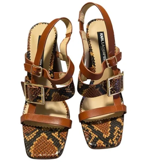 Karl Lagerfeld Marlow SlingBack Sandals Square Toe Faux Snakeskin Brown Size 7.5