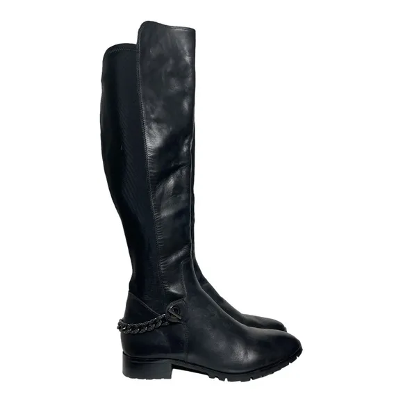 KARL LAGERFELD PARIS BLACK LEATHER SHAY OVER THE KNEE CHAIN DETAIL BOOTS