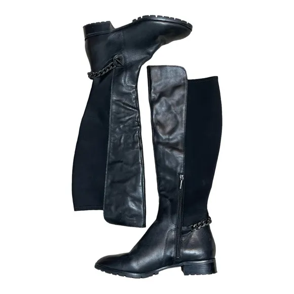 KARL LAGERFELD PARIS BLACK LEATHER SHAY OVER THE KNEE CHAIN DETAIL BOOTS