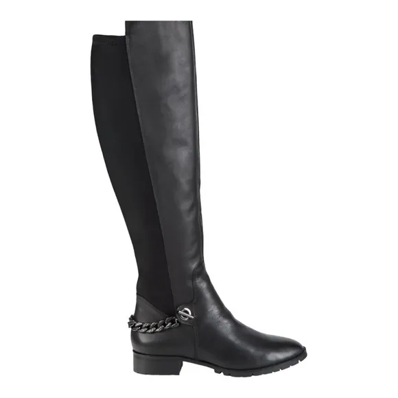 KARL LAGERFELD PARIS BLACK LEATHER SHAY OVER THE KNEE CHAIN DETAIL BOOTS
