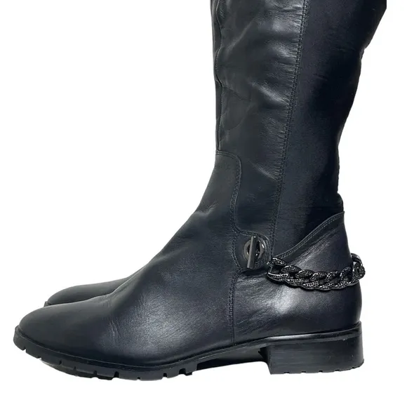 KARL LAGERFELD PARIS BLACK LEATHER SHAY OVER THE KNEE CHAIN DETAIL BOOTS