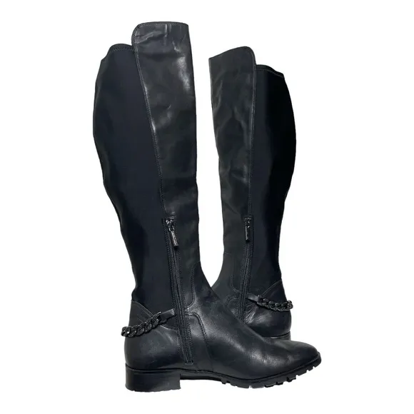 KARL LAGERFELD PARIS BLACK LEATHER SHAY OVER THE KNEE CHAIN DETAIL BOOTS