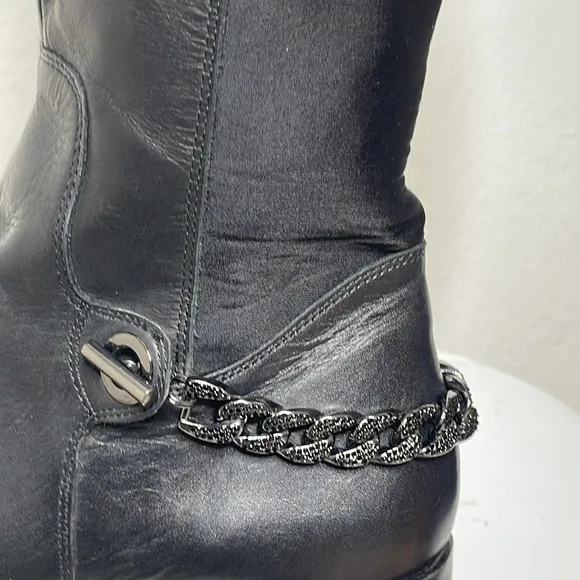 KARL LAGERFELD PARIS BLACK LEATHER SHAY OVER THE KNEE CHAIN DETAIL BOOTS
