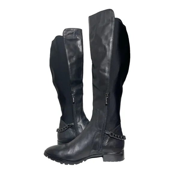 KARL LAGERFELD PARIS BLACK LEATHER SHAY OVER THE KNEE CHAIN DETAIL BOOTS