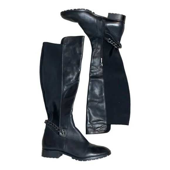 KARL LAGERFELD PARIS BLACK LEATHER SHAY OVER THE KNEE CHAIN DETAIL BOOTS