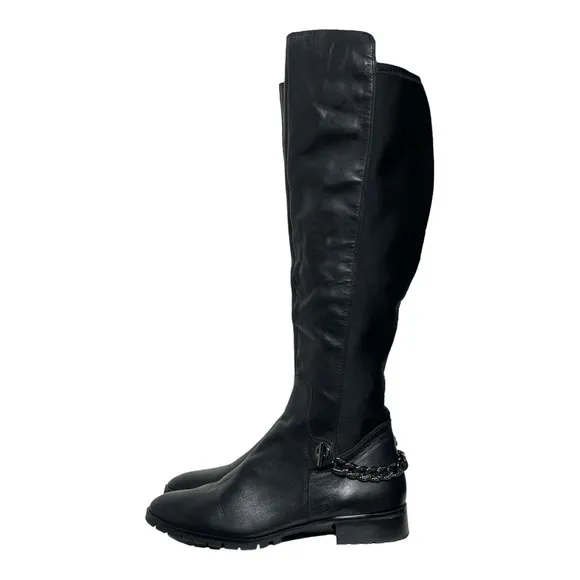 KARL LAGERFELD PARIS BLACK LEATHER SHAY OVER THE KNEE CHAIN DETAIL BOOTS