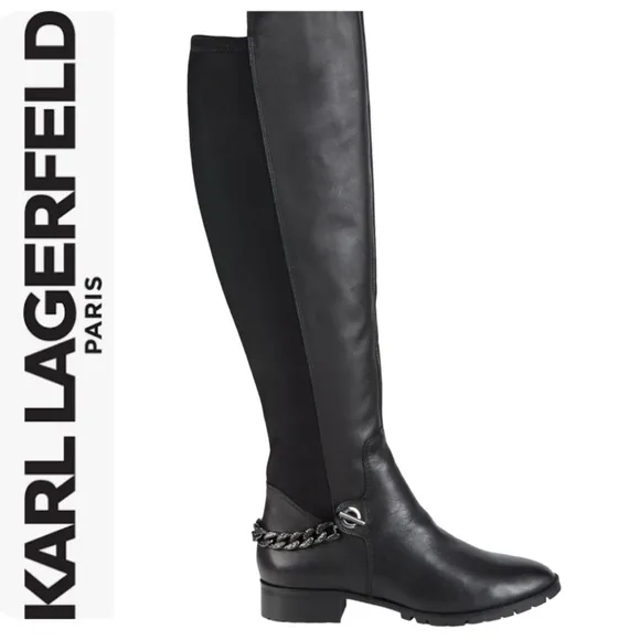KARL LAGERFELD PARIS BLACK LEATHER SHAY OVER THE KNEE CHAIN DETAIL BOOTS