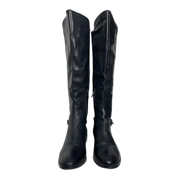 KARL LAGERFELD PARIS BLACK LEATHER SHAY OVER THE KNEE CHAIN DETAIL BOOTS
