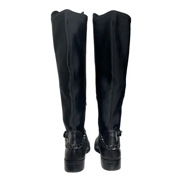 KARL LAGERFELD PARIS BLACK LEATHER SHAY OVER THE KNEE CHAIN DETAIL BOOTS