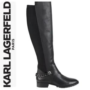 KARL LAGERFELD PARIS BLACK LEATHER SHAY OVER THE KNEE CHAIN DETAIL BOOTS